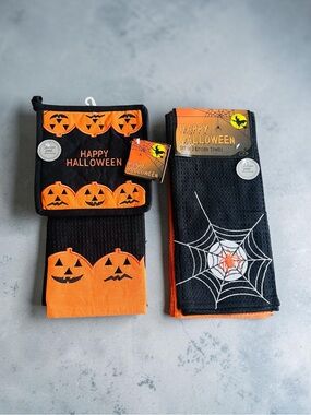 Retro Halloween Kitchen Set (2008) – 3 Towels & Pot Holder - 100% Cotton